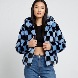 The Ragged Priest Presence Checkered Print Faux Fur Jacket Size Large